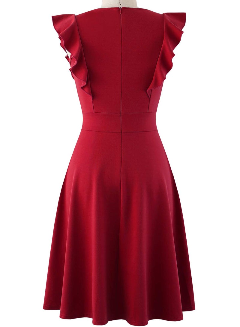 YATHON Women's Vintage Ruffle Floral Flared A Line Swing Casual Cocktail Party Dresses (XL, YT001-Red) - Image 3